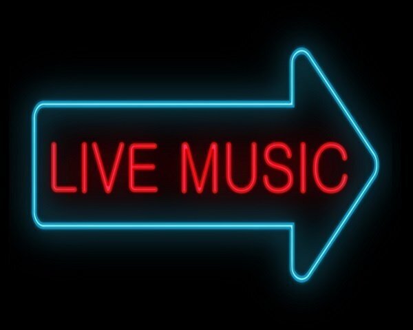 red and blue neon live music arrow sign